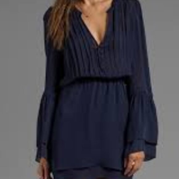 PARKER 100% Silk Navy Blue V Neck Ruffle Detail Mini Dress Short Cute XS - Picture 3 of 6